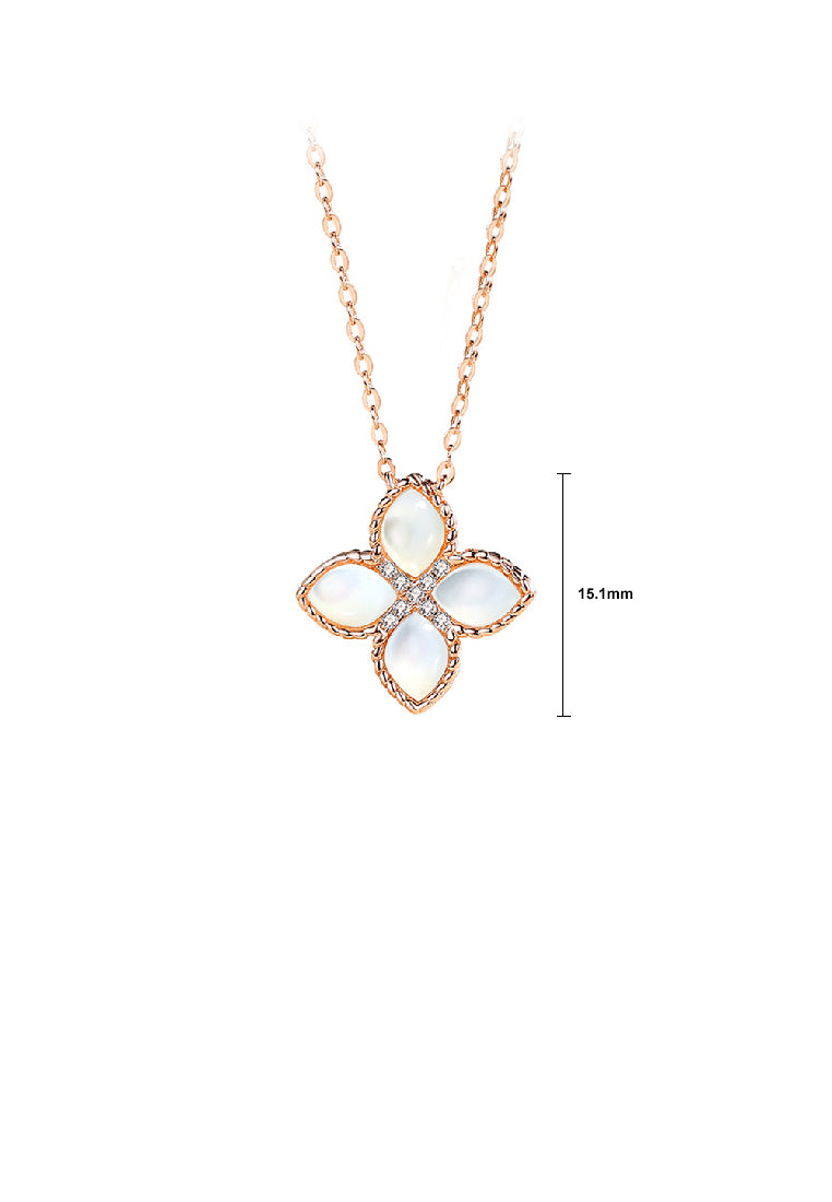 925 Sterling Silver Plated Rose Gold Fashion Four-leafed Clover Mother-of-pearl Pendant with Cubic Zirconia and Necklace - Luxurious Look