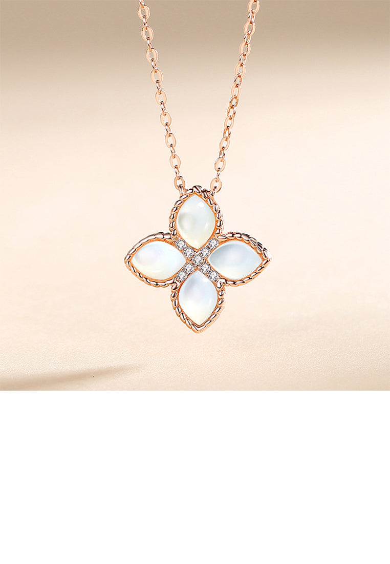 925 Sterling Silver Plated Rose Gold Fashion Four-leafed Clover Mother-of-pearl Pendant with Cubic Zirconia and Necklace - Luxurious Look