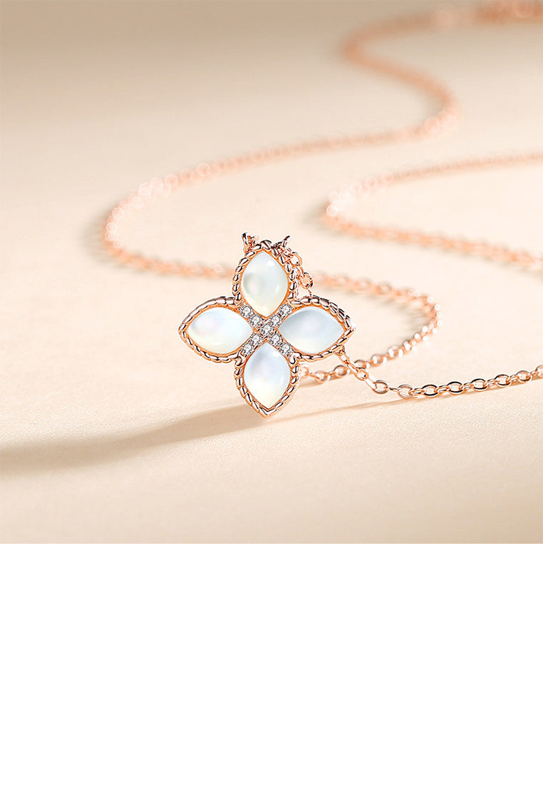 925 Sterling Silver Plated Rose Gold Fashion Four-leafed Clover Mother-of-pearl Pendant with Cubic Zirconia and Necklace - Luxurious Look