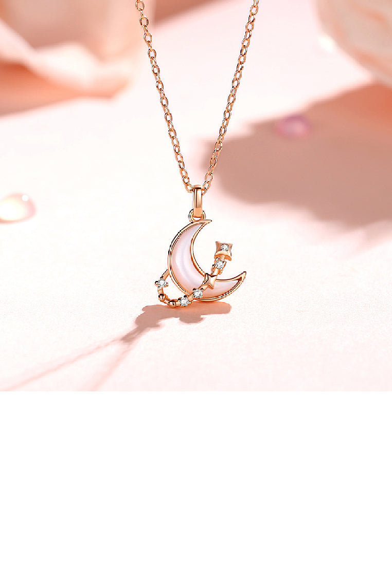 925 Sterling Silver Plated Rose Gold Fashion Temperament Moon Mother-of-pearl Star Pendant with Cubic Zirconia and Necklace - Luxurious Look