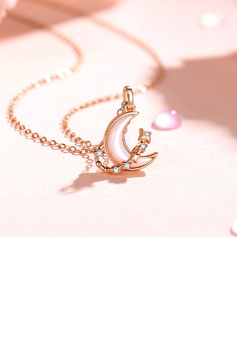 925 Sterling Silver Plated Rose Gold Fashion Temperament Moon Mother-of-pearl Star Pendant with Cubic Zirconia and Necklace - Luxurious Look