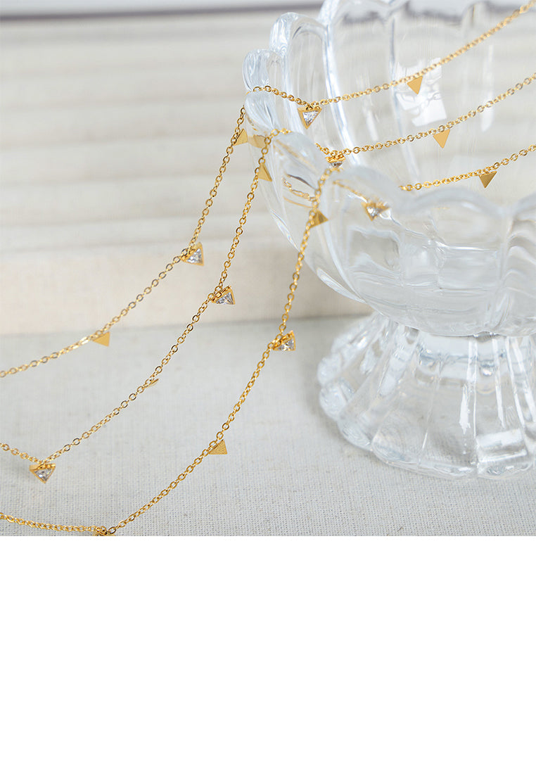 Simple and Fashion Plated Gold 316L Stainless Steel Triangular Geometric Necklace with Cubic Zirconia - Luxurious Look