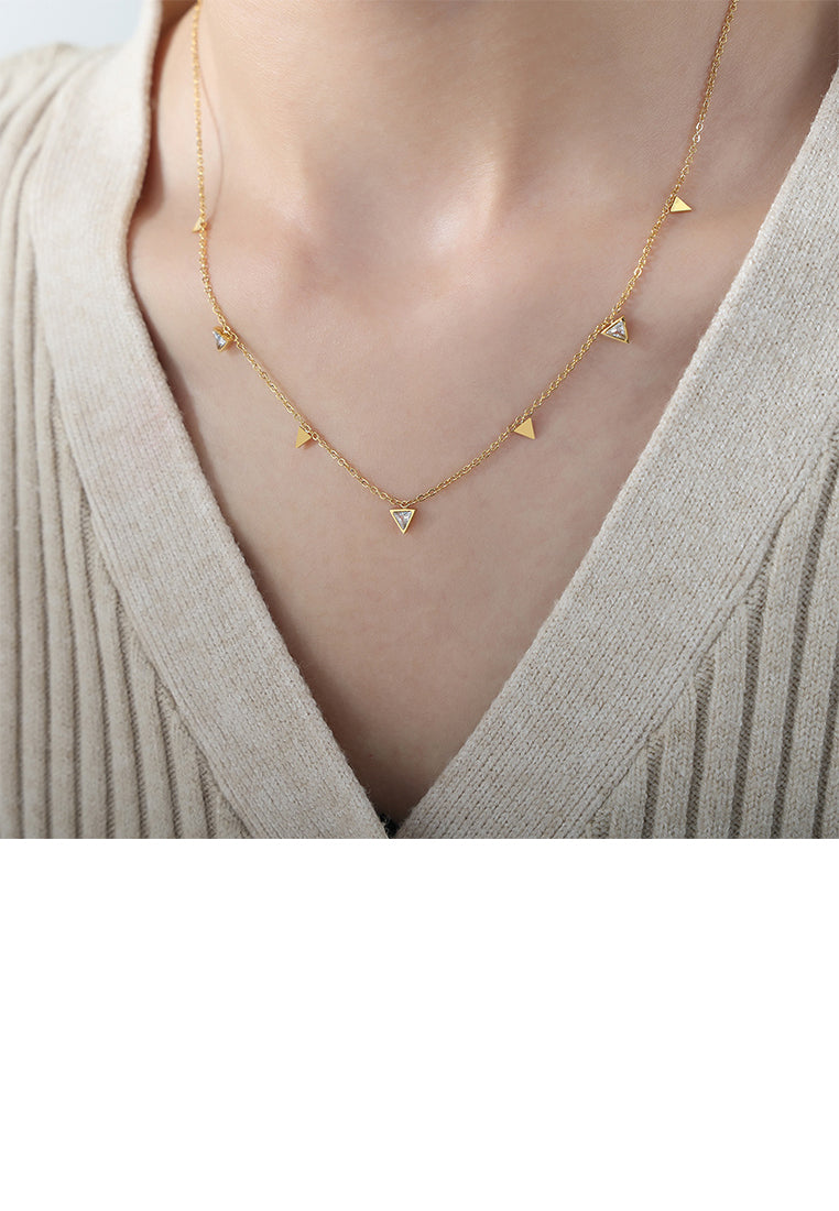 Simple and Fashion Plated Gold 316L Stainless Steel Triangular Geometric Necklace with Cubic Zirconia - Luxurious Look