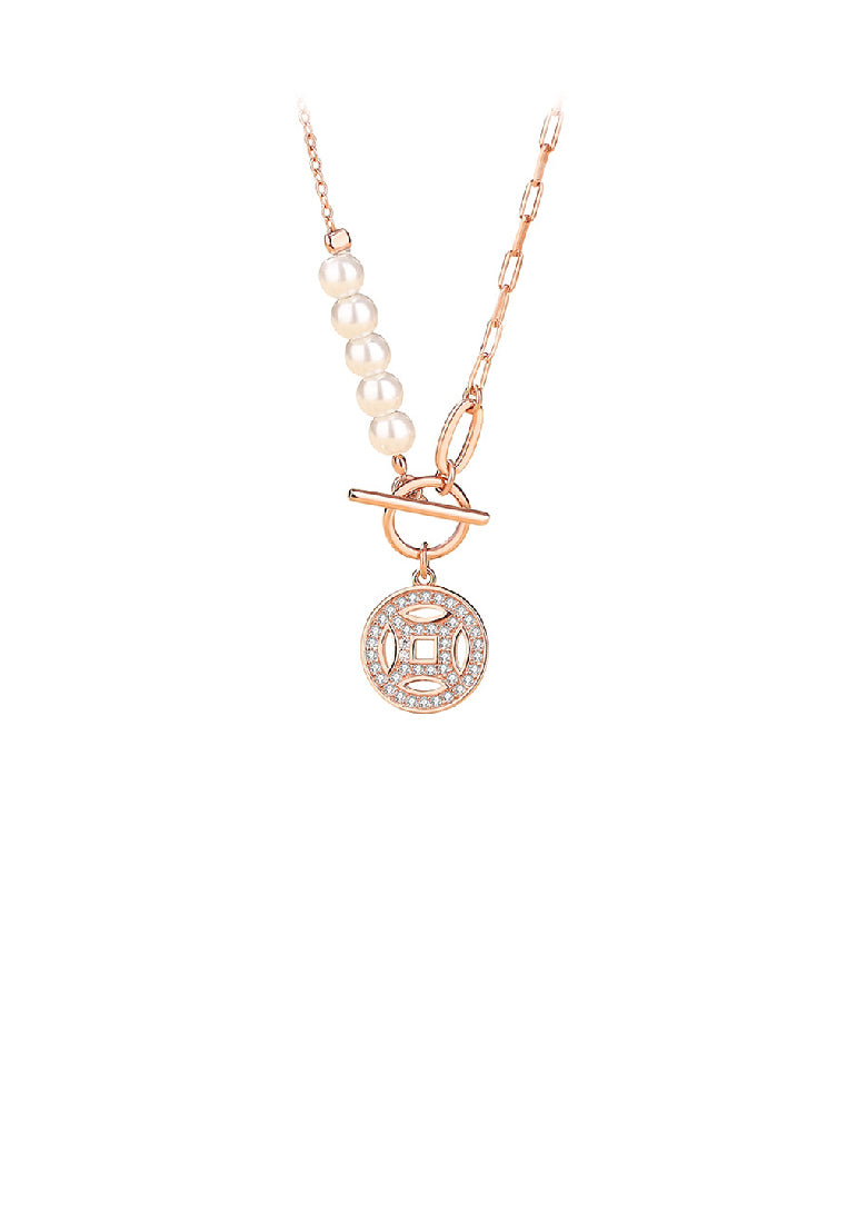 925 Sterling Silver Plated Rose Gold Fashion Vintage Coin Pendant with Cubic Zirconia and Imitation Pearl Panel Necklace - Luxurious Look