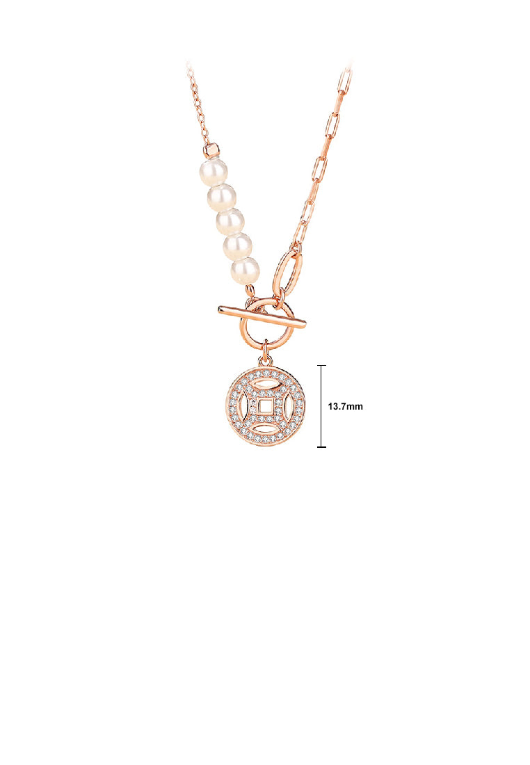 925 Sterling Silver Plated Rose Gold Fashion Vintage Coin Pendant with Cubic Zirconia and Imitation Pearl Panel Necklace - Luxurious Look