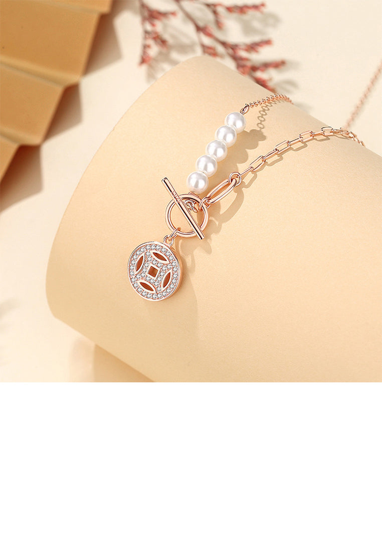 925 Sterling Silver Plated Rose Gold Fashion Vintage Coin Pendant with Cubic Zirconia and Imitation Pearl Panel Necklace - Luxurious Look