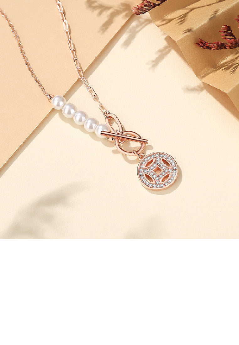 925 Sterling Silver Plated Rose Gold Fashion Vintage Coin Pendant with Cubic Zirconia and Imitation Pearl Panel Necklace - Luxurious Look