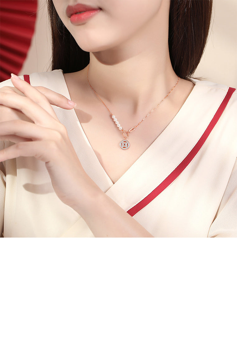 925 Sterling Silver Plated Rose Gold Fashion Vintage Coin Pendant with Cubic Zirconia and Imitation Pearl Panel Necklace - Luxurious Look