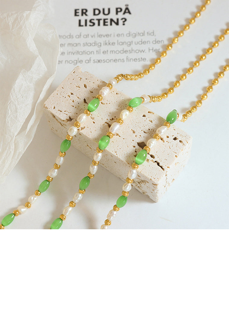 Fashion Simple Plated Gold 316L Stainless Steel Beaded Stitching Irregular Imitation Pearl Chain Necklace - Luxurious Look