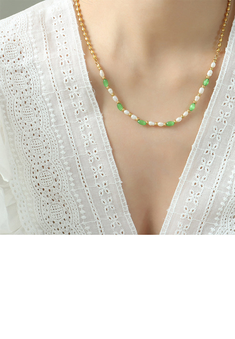 Fashion Simple Plated Gold 316L Stainless Steel Beaded Stitching Irregular Imitation Pearl Chain Necklace - Luxurious Look