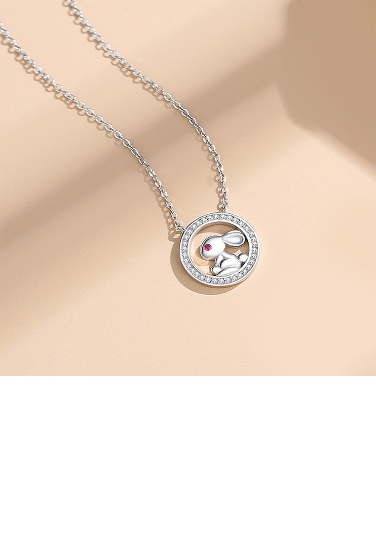 925 Sterling Silver Fashion Cute Rabbit Geometric Circle Pendant with Cubic Zirconia and Necklace - Luxurious Look