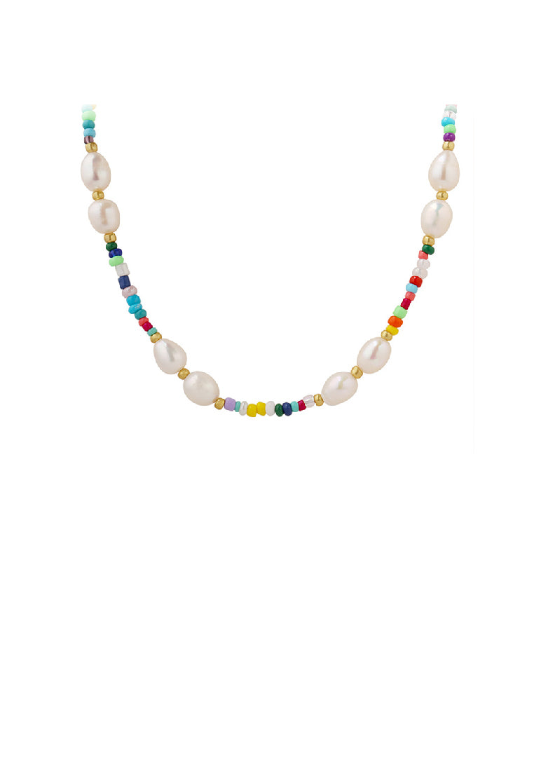 Simple Fashion Plated Gold Colorful Beaded Necklace with Freshwater Pearls