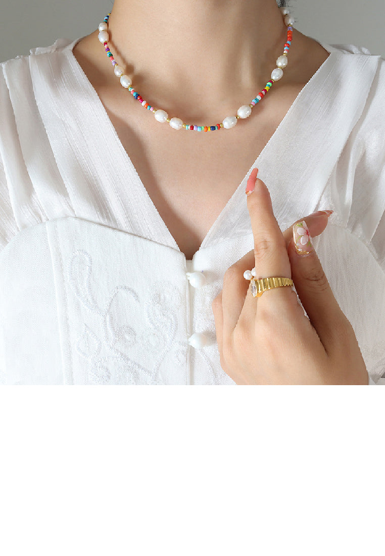 Simple Fashion Plated Gold Colorful Beaded Necklace with Freshwater Pearls