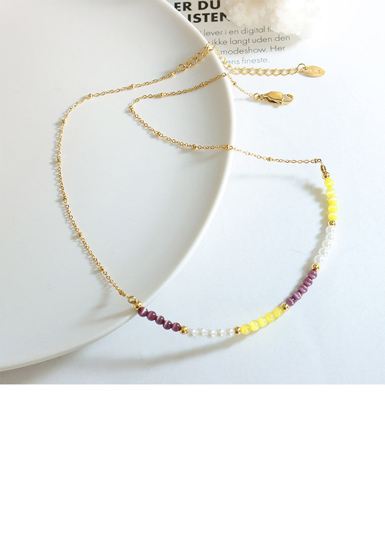 Simple Temperament Plated Gold Beaded Opal Stitching Imitation Pearl 316L Stainless Steel Necklace - Luxurious Look