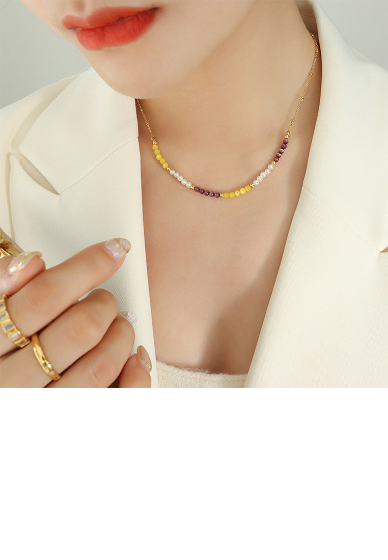 Simple Temperament Plated Gold Beaded Opal Stitching Imitation Pearl 316L Stainless Steel Necklace - Luxurious Look