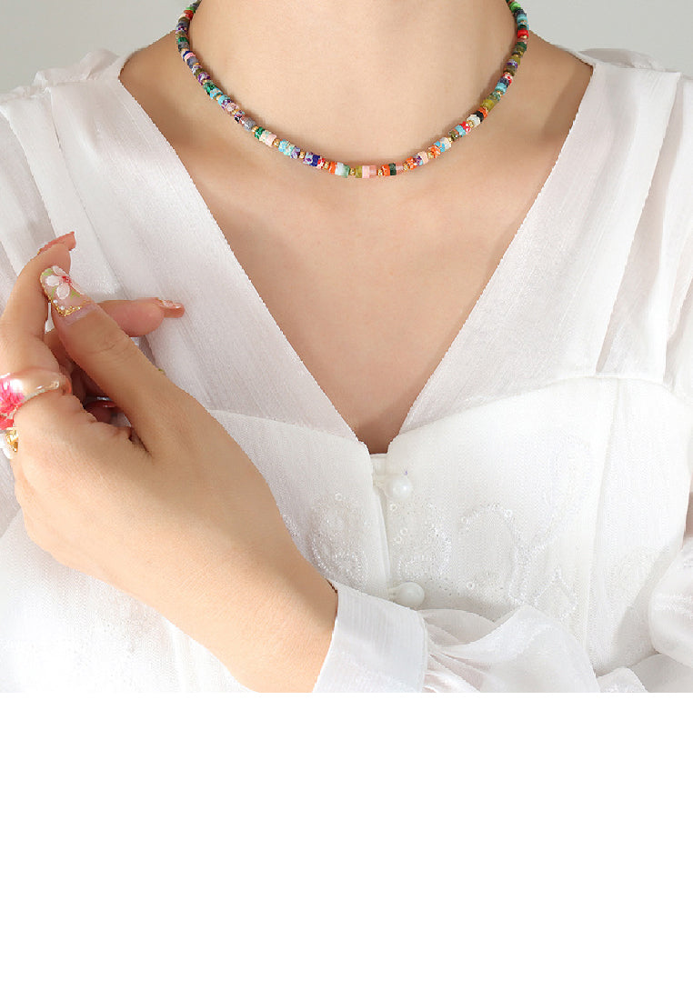 Fashion Simple Plated Gold 316L Stainless Steel Colorful Beaded Necklace