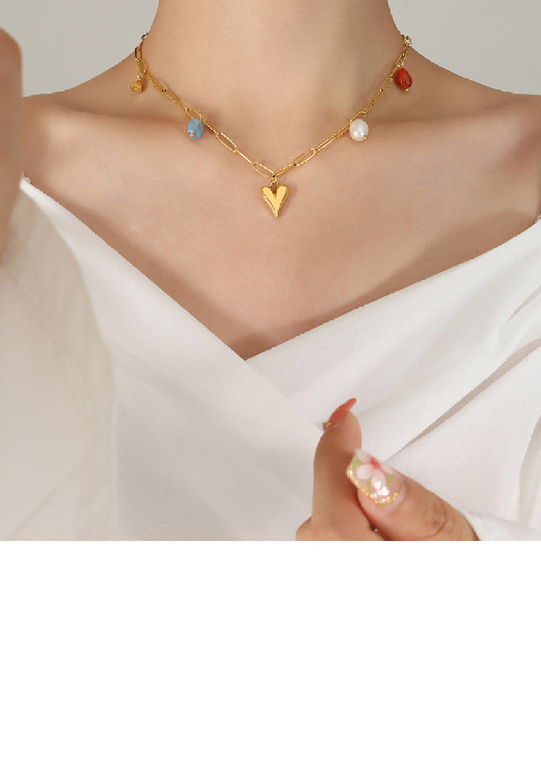 Fashion Simple Plated Gold 316L Stainless Steel Heart Imitation Pearl Necklace - Luxurious Look