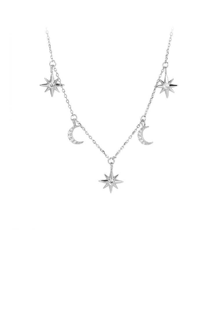 925 Sterling Silver Fashion Simple Star Moon Necklace with Cubic Zirconia - Luxurious Look