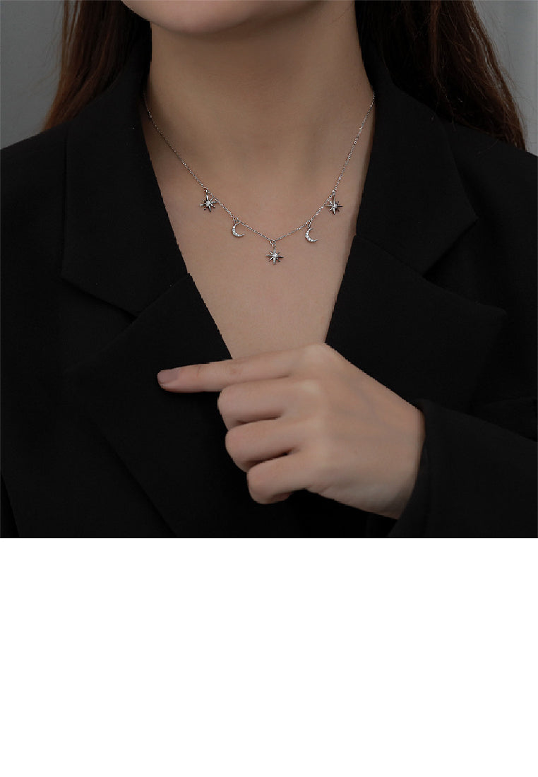 925 Sterling Silver Fashion Simple Star Moon Necklace with Cubic Zirconia - Luxurious Look