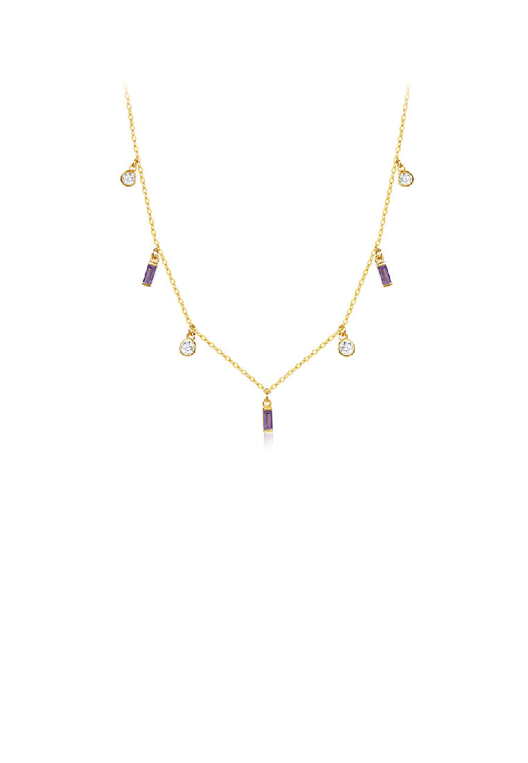 925 Sterling Silver Plated Gold Simple Fashion Geometric Square Round Necklace with Purple Cubic Zirconia - Luxurious Look