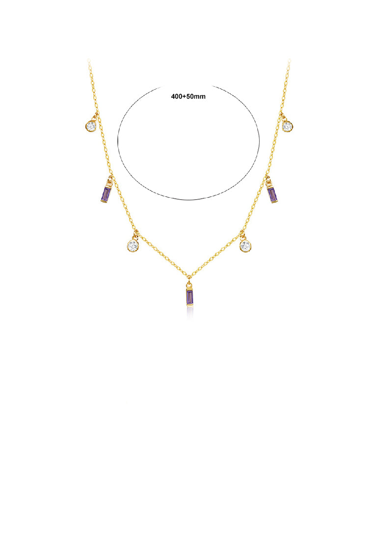 925 Sterling Silver Plated Gold Simple Fashion Geometric Square Round Necklace with Purple Cubic Zirconia - Luxurious Look
