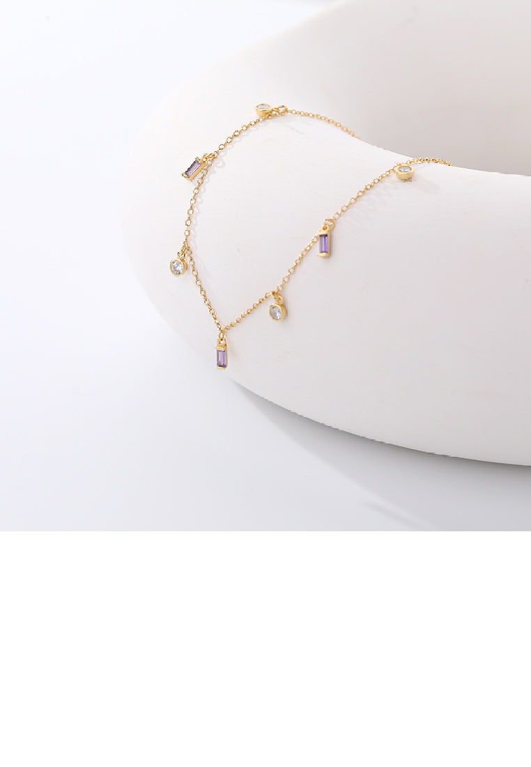 925 Sterling Silver Plated Gold Simple Fashion Geometric Square Round Necklace with Purple Cubic Zirconia - Luxurious Look