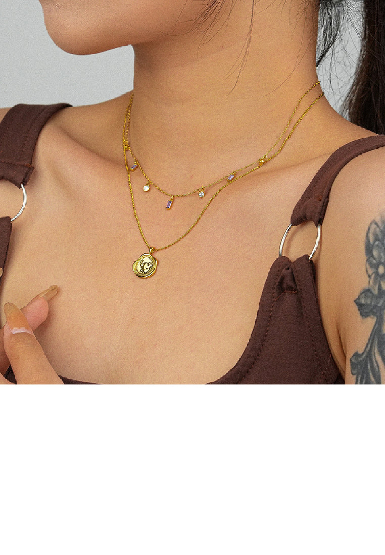 925 Sterling Silver Plated Gold Simple Fashion Geometric Square Round Necklace with Purple Cubic Zirconia - Luxurious Look