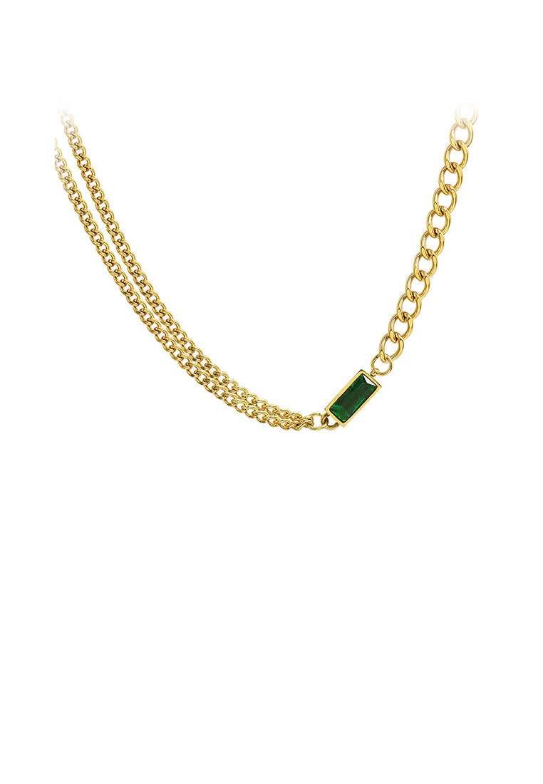Fashion Simple Plated Gold 316L Stainless Steel Geometric Square Green Cubic Zirconia Double Layer Necklace - Luxurious Look