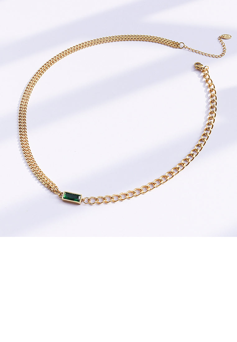 Fashion Simple Plated Gold 316L Stainless Steel Geometric Square Green Cubic Zirconia Double Layer Necklace - Luxurious Look