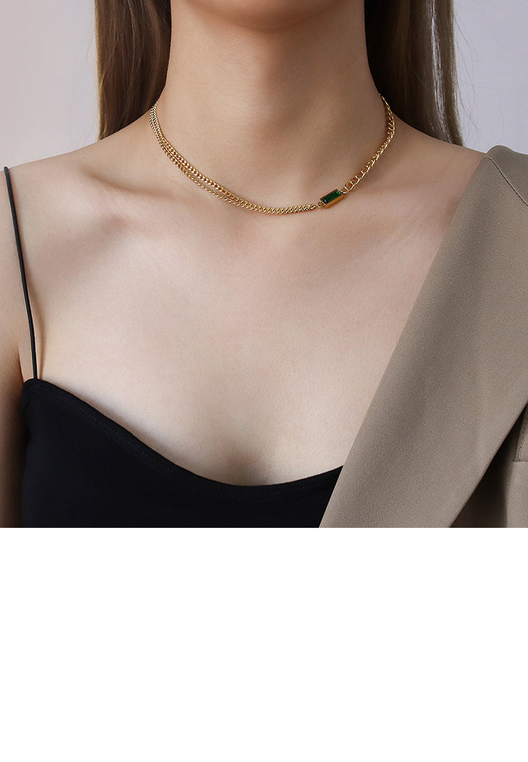 Fashion Simple Plated Gold 316L Stainless Steel Geometric Square Green Cubic Zirconia Double Layer Necklace - Luxurious Look