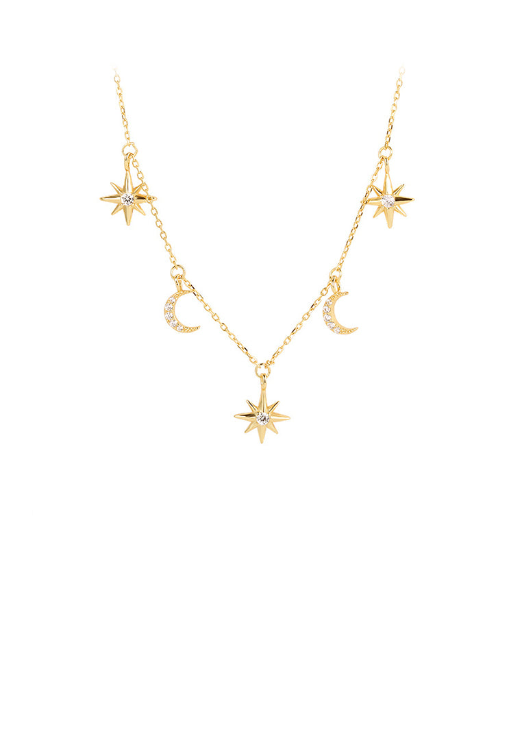 925 Sterling Silver Plated Gold Fashion Simple Moon Star Necklace with Cubic Zirconia - Luxurious Look