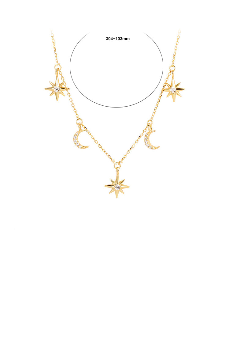 925 Sterling Silver Plated Gold Fashion Simple Moon Star Necklace with Cubic Zirconia - Luxurious Look