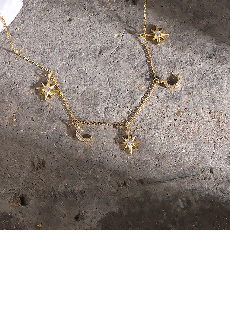 925 Sterling Silver Plated Gold Fashion Simple Moon Star Necklace with Cubic Zirconia - Luxurious Look