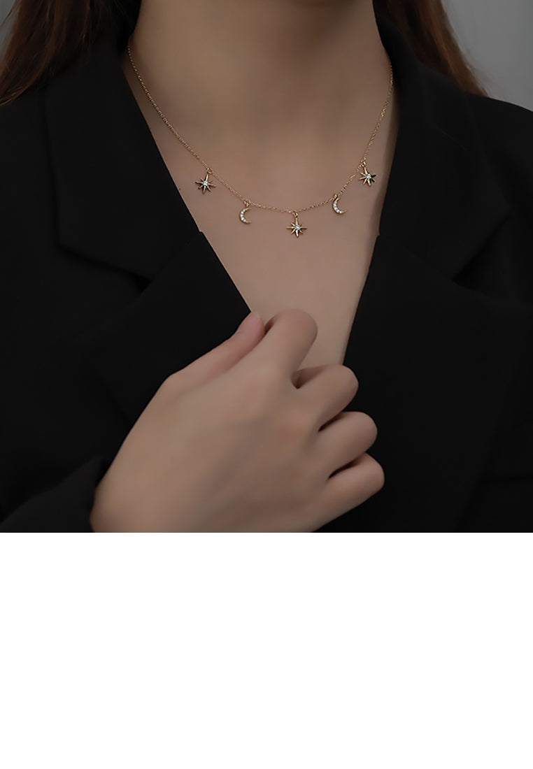 925 Sterling Silver Plated Gold Fashion Simple Moon Star Necklace with Cubic Zirconia - Luxurious Look