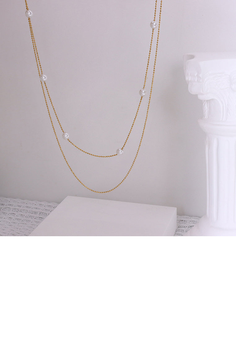 Simple Temperament Plated Gold 316L Stainless Steel Imitation Pearl Geometric Double Layer Necklace - Luxurious Look