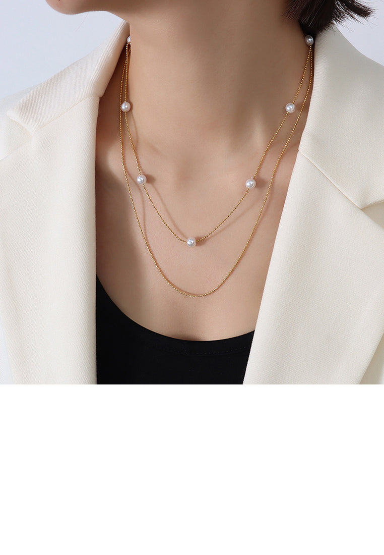Simple Temperament Plated Gold 316L Stainless Steel Imitation Pearl Geometric Double Layer Necklace - Luxurious Look