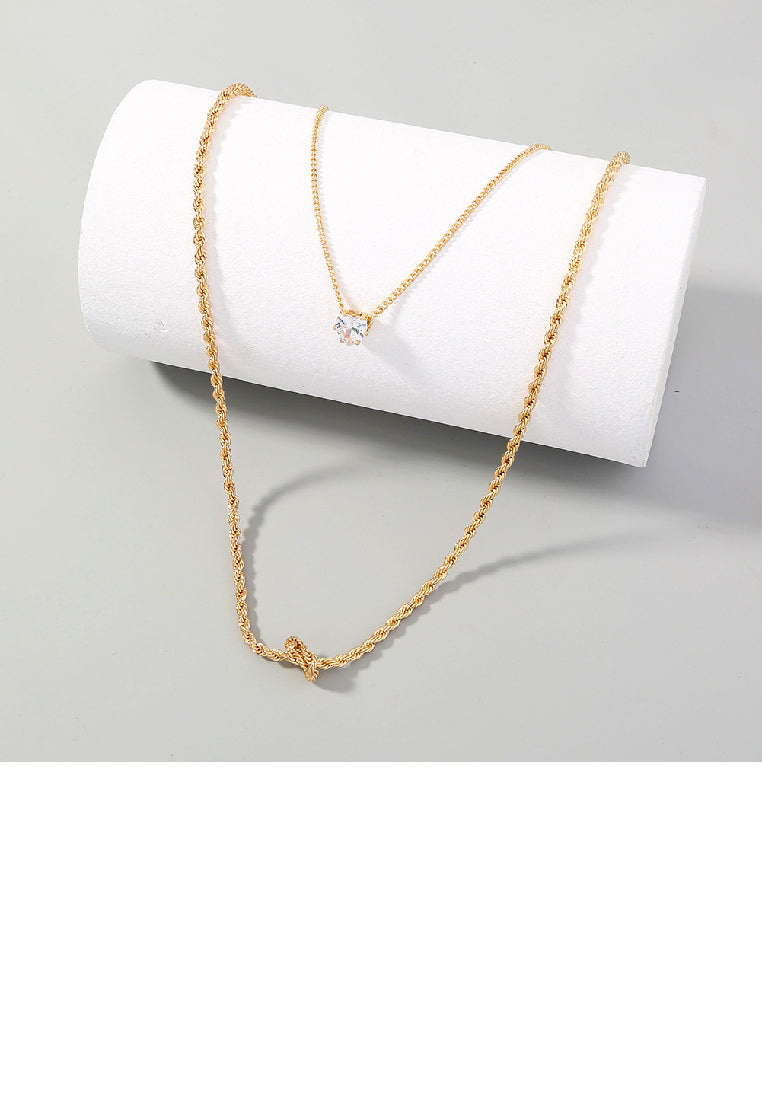 Simple Fashion Plated Gold Knot Heart Double Layer Necklace with Cubic Zirconia - Luxurious Look