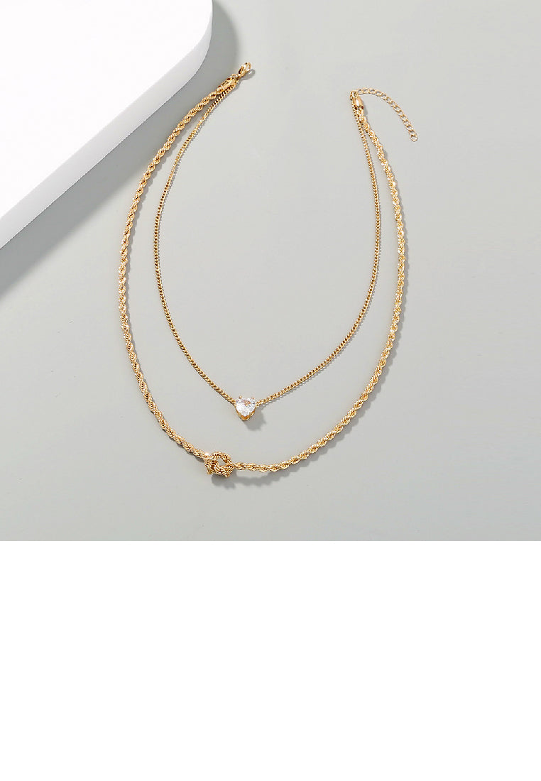 Simple Fashion Plated Gold Knot Heart Double Layer Necklace with Cubic Zirconia - Luxurious Look