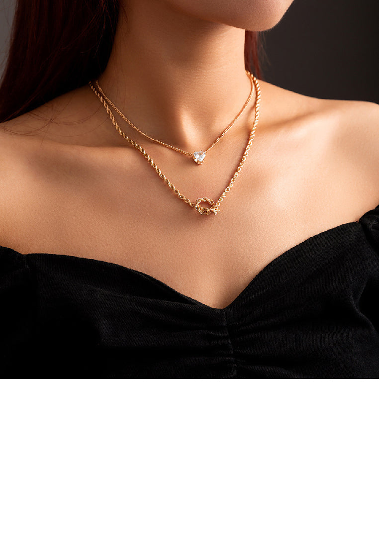 Simple Fashion Plated Gold Knot Heart Double Layer Necklace with Cubic Zirconia - Luxurious Look