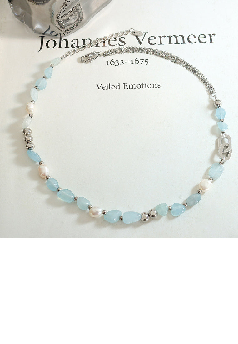 Simple Fashion 316L Stainless Steel Geometric Stitching Irregular Blue Imitation Natural Stone Necklace