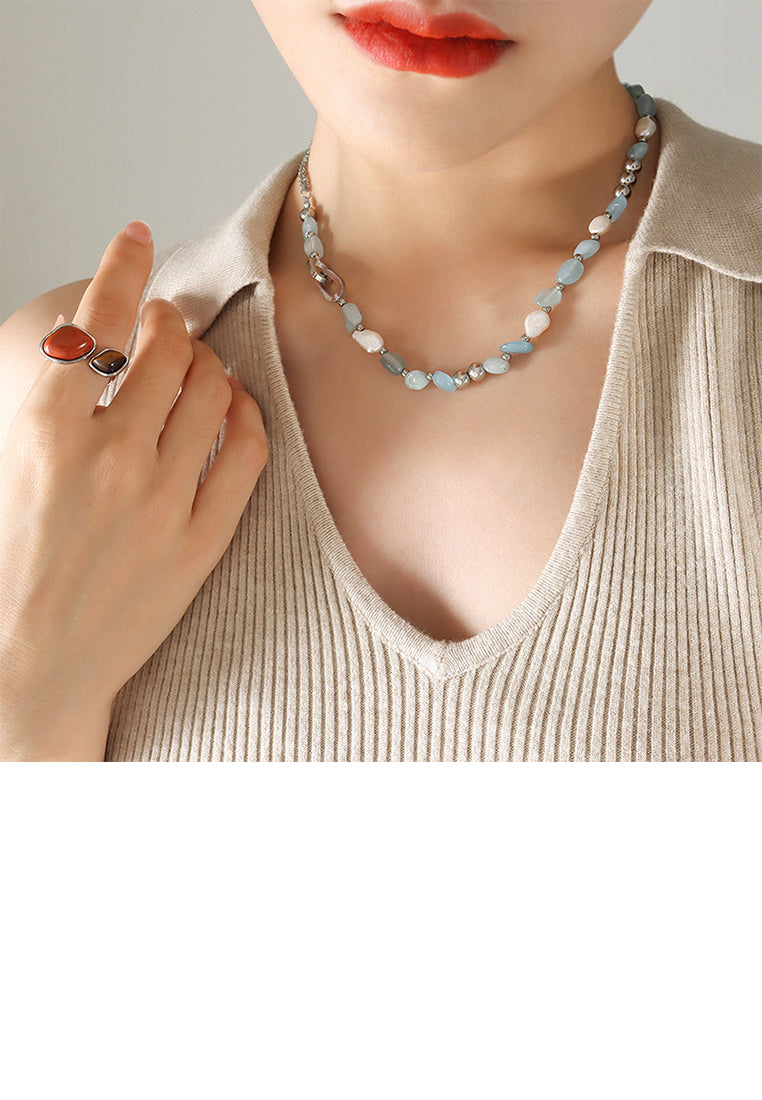 Simple Fashion 316L Stainless Steel Geometric Stitching Irregular Blue Imitation Natural Stone Necklace