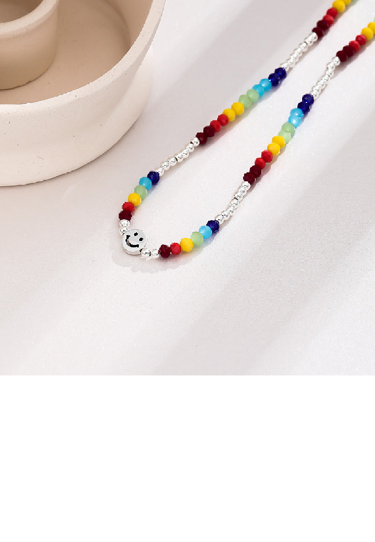 925 Sterling Silver Fashion Temperament Smiley Round Colorful Beaded Necklace