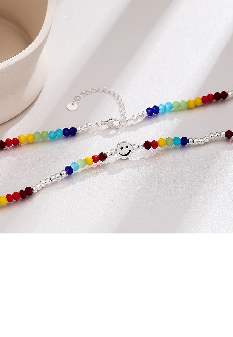 925 Sterling Silver Fashion Temperament Smiley Round Colorful Beaded Necklace
