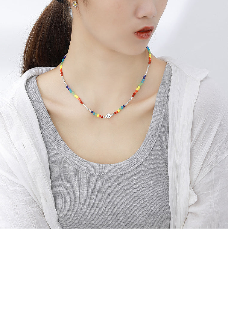 925 Sterling Silver Fashion Temperament Smiley Round Colorful Beaded Necklace