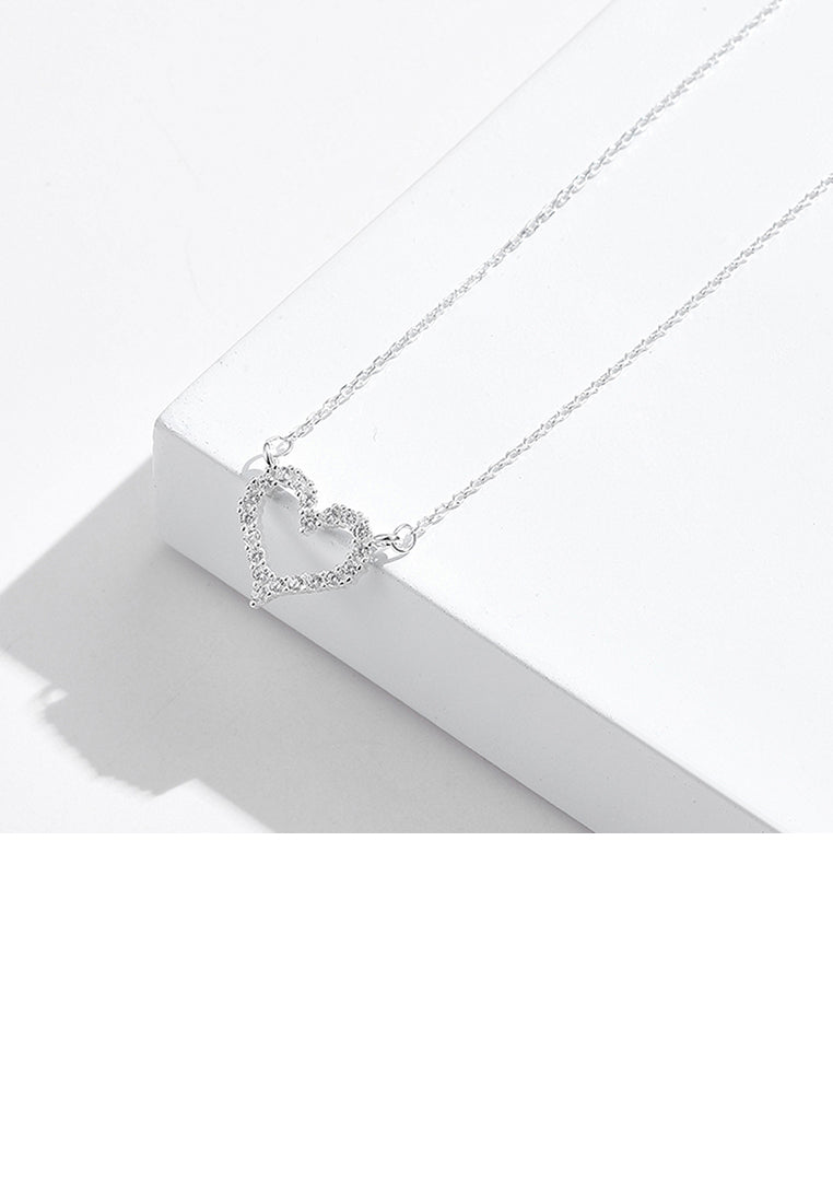 925 Sterling Silver Simple and Sweet Hollow Heart Necklace with Cubic Zirconia - Luxurious Look