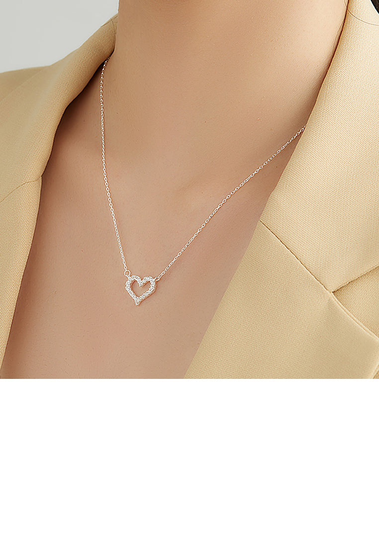 925 Sterling Silver Simple and Sweet Hollow Heart Necklace with Cubic Zirconia - Luxurious Look