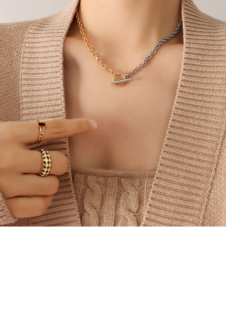 Simple and Fashion Plated Gold 316L Stainless Steel Two-color Twist Chain Stitching Necklace