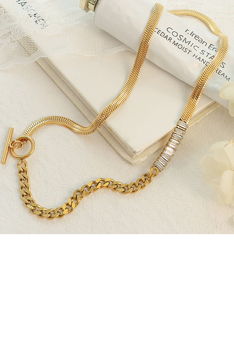 Simple Personality Plated Gold 316L Stainless Steel Geometric Chain Stitching Cubic Zirconia Necklace - Luxurious Look