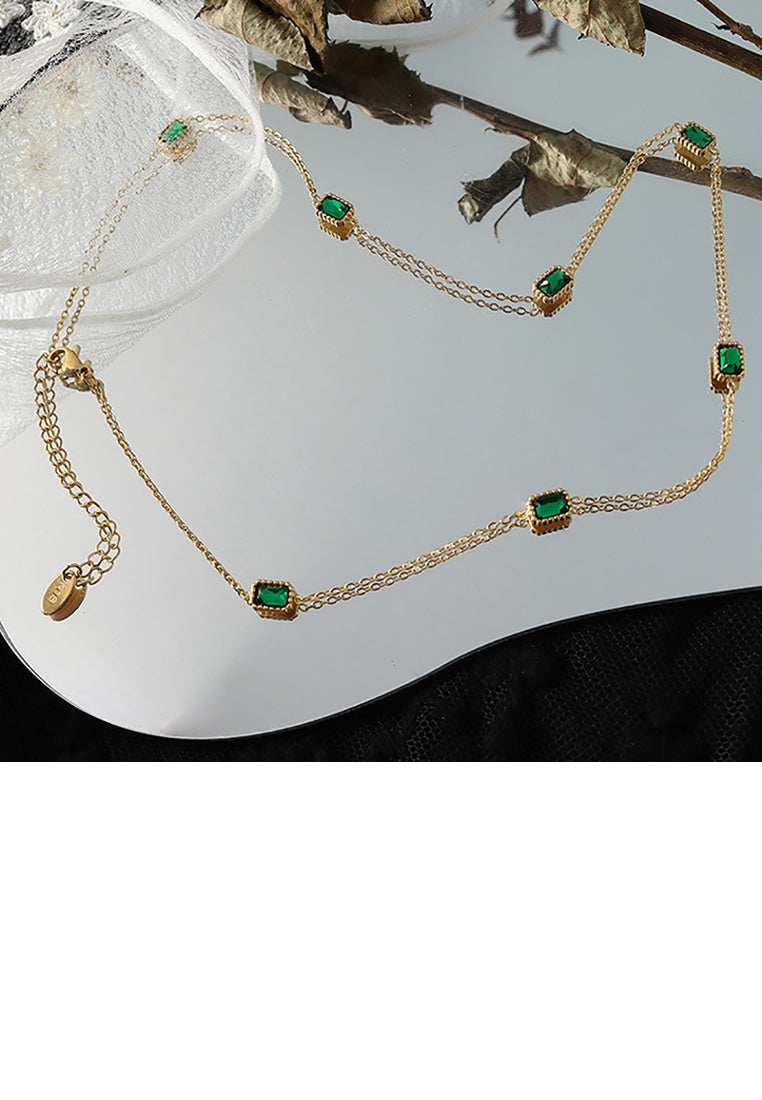 Fashion Simple Plated Gold 316L Stainless Steel Geometric Square Necklace with Green Cubic Zirconia - Luxurious Look