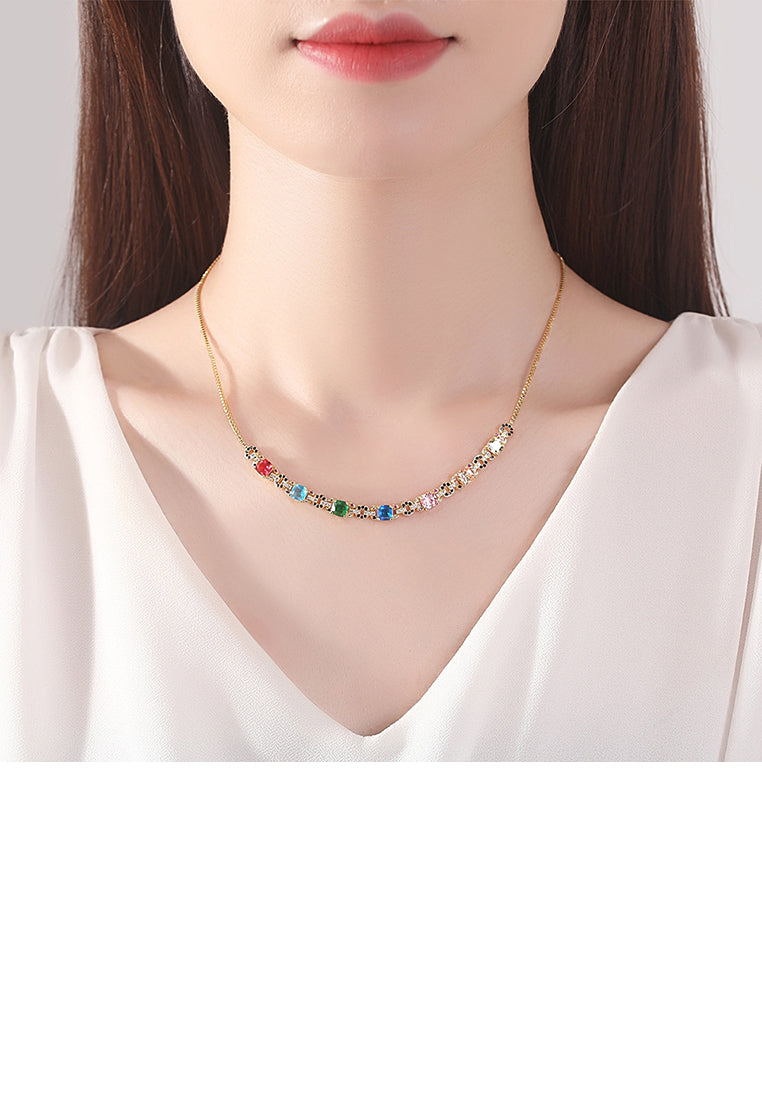 Simple and Fashion Plated Gold Geometric Smile Colorful Cubic Zirconia Necklace - Luxurious Look